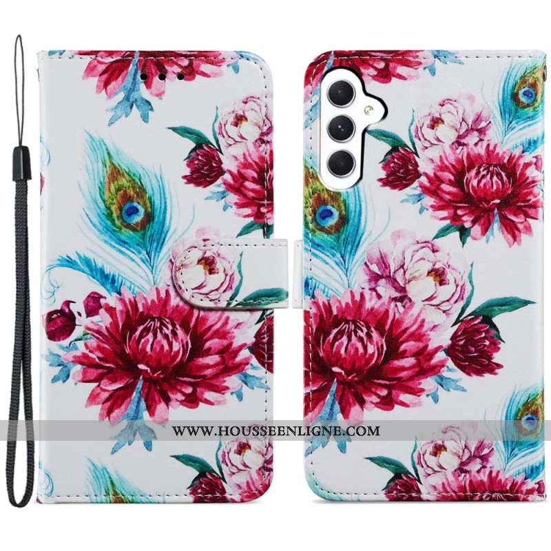 Housse Samsung Galaxy A55 5G Fleurs Rouges à Lanière