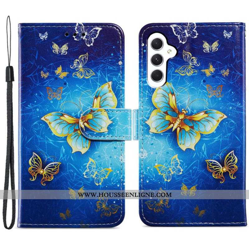 Housse Samsung Galaxy A55 5G Papillon Dorés sur Fond Bleu à Lanière