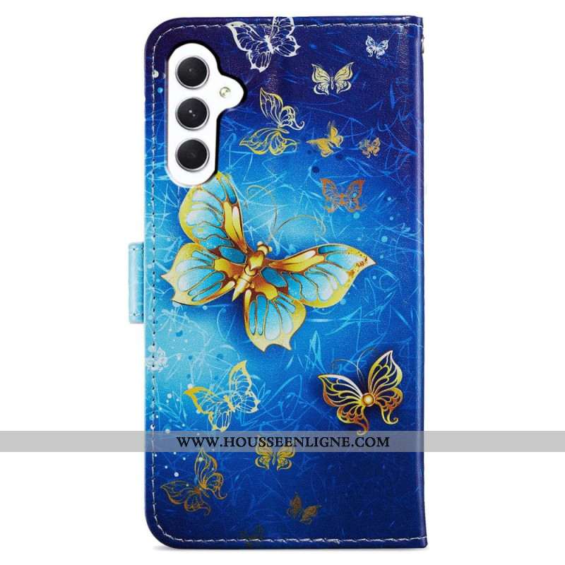 Housse Samsung Galaxy A55 5G Papillon Dorés sur Fond Bleu à Lanière