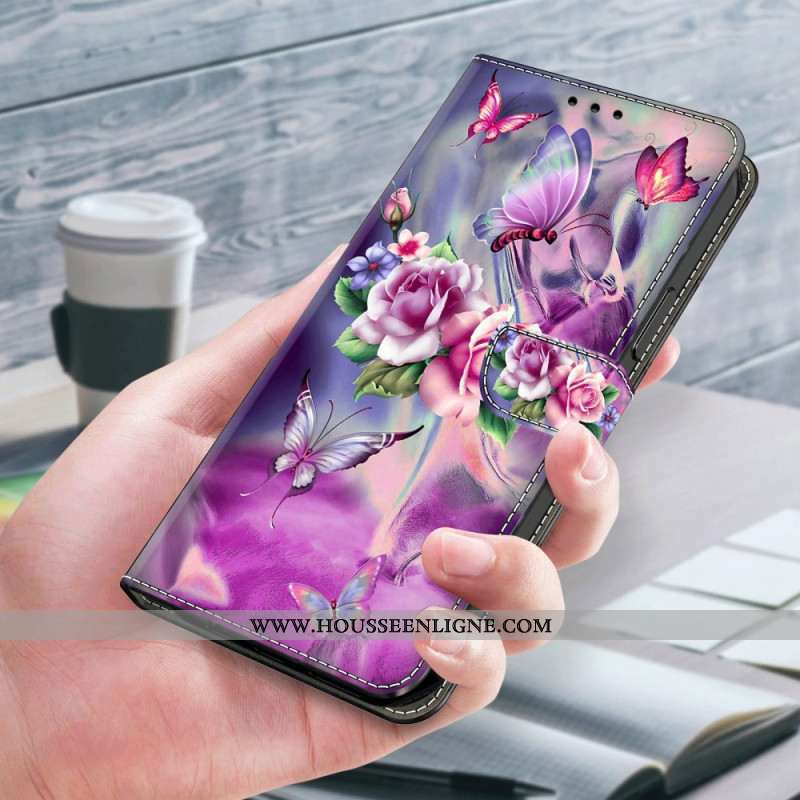 Housse Samsung Galaxy A55 5G Papillons et Fleurs Violets