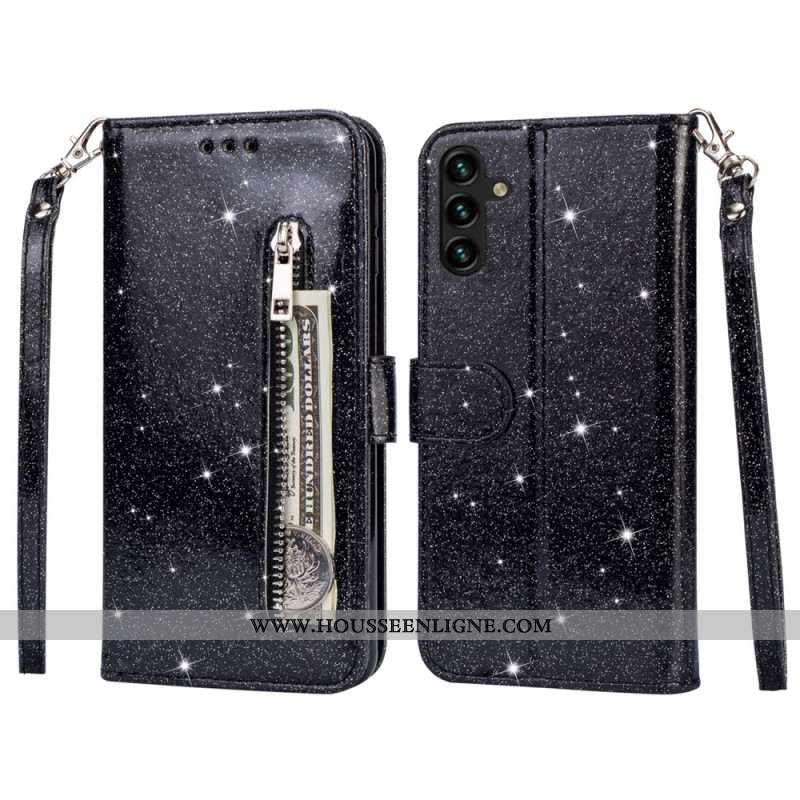 Housse Samsung Galaxy A55 5G Porte-Monnaie Paillettes à Lanière