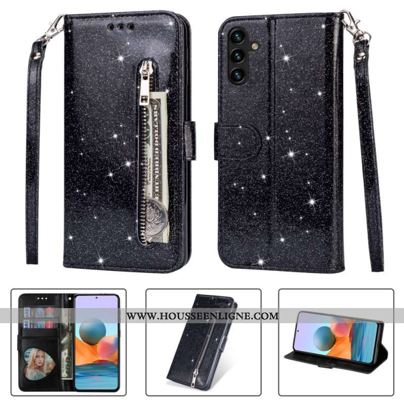 Housse Samsung Galaxy A55 5G Porte-Monnaie Paillettes à Lanière