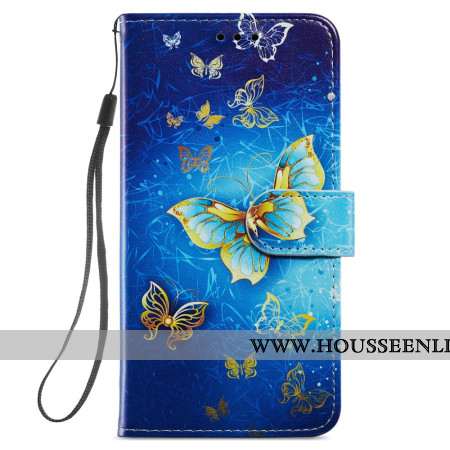 Housse Samsung Galaxy S24 5G Beaux Papillons Dorés à Lanière