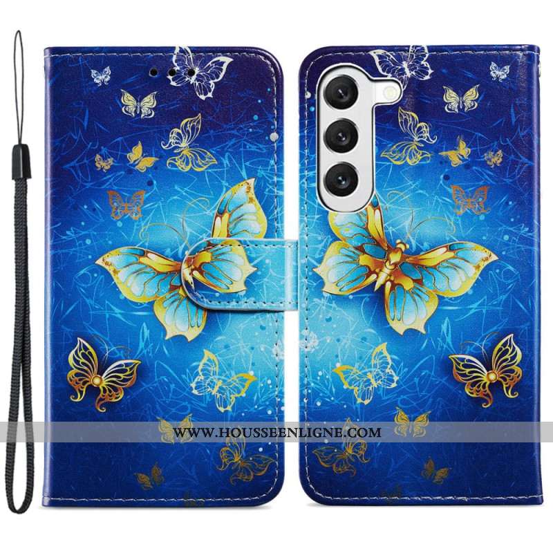 Housse Samsung Galaxy S24 5G Beaux Papillons Dorés à Lanière