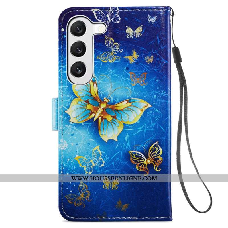 Housse Samsung Galaxy S24 5G Beaux Papillons Dorés à Lanière