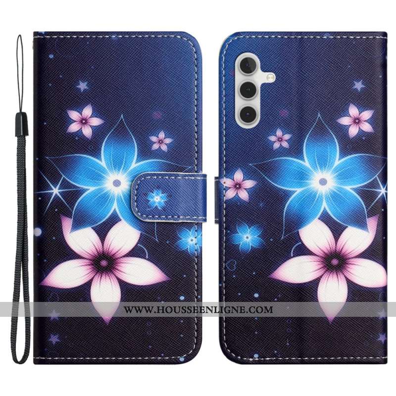 Housse Samsung Galaxy S24 5G Fleurs Lunaires à Lanière