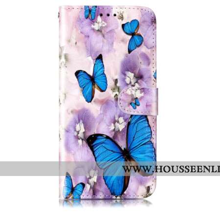 Housse Samsung Galaxy S24 5G Fleurs Violettes et Papillons à Lanière