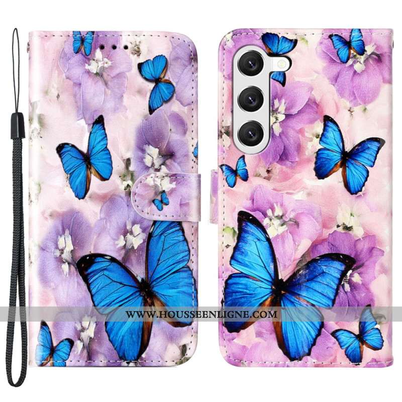 Housse Samsung Galaxy S24 5G Fleurs Violettes et Papillons à Lanière