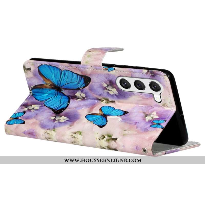 Housse Samsung Galaxy S24 5G Fleurs Violettes et Papillons à Lanière