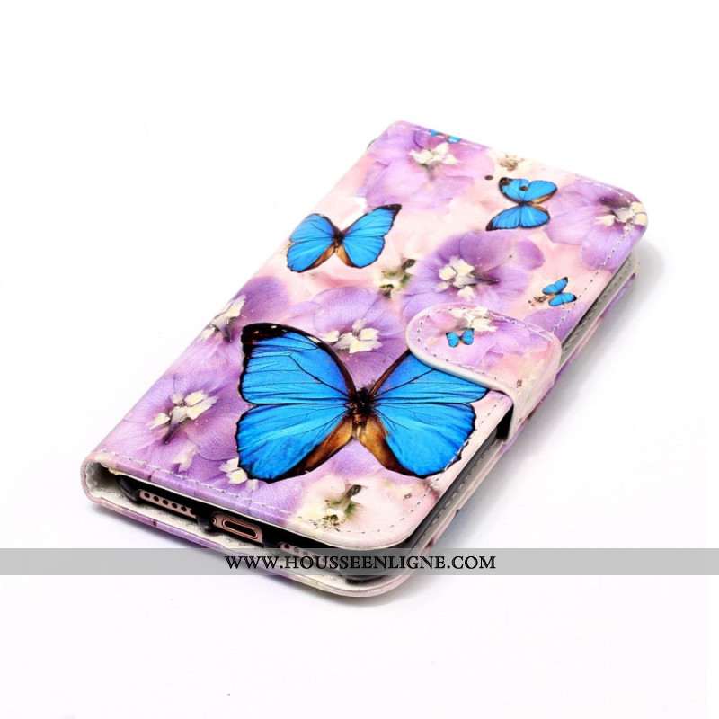 Housse Samsung Galaxy S24 5G Fleurs Violettes et Papillons à Lanière