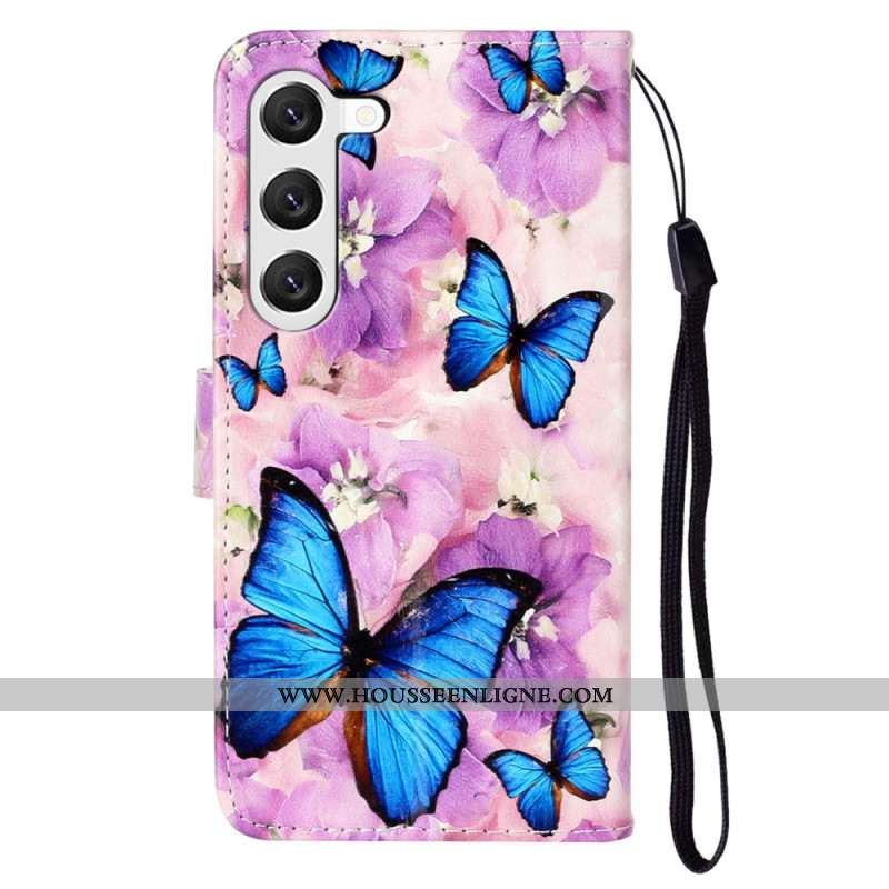 Housse Samsung Galaxy S24 5G Fleurs Violettes et Papillons à Lanière