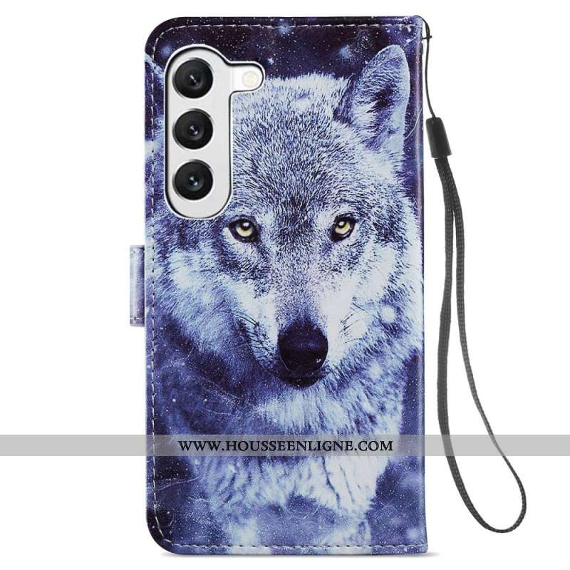 Housse Samsung Galaxy S24 5G Loup Blanc à Lanière