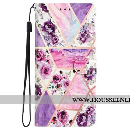 Housse Samsung Galaxy S24 5G Marbre Fleurs Violettes à Lanière