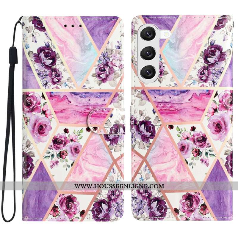 Housse Samsung Galaxy S24 5G Marbre Fleurs Violettes à Lanière