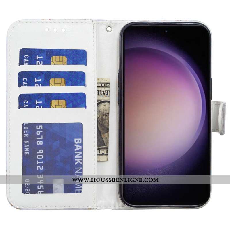 Housse Samsung Galaxy S24 5G Marbre Fleurs Violettes à Lanière