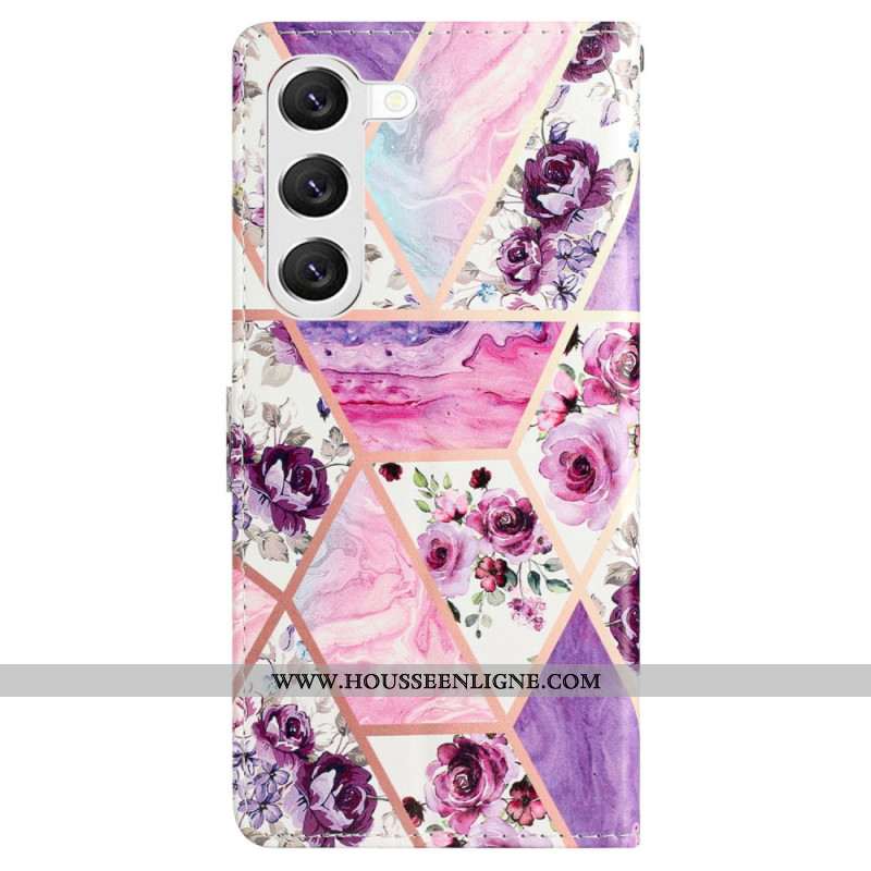 Housse Samsung Galaxy S24 5G Marbre Fleurs Violettes à Lanière