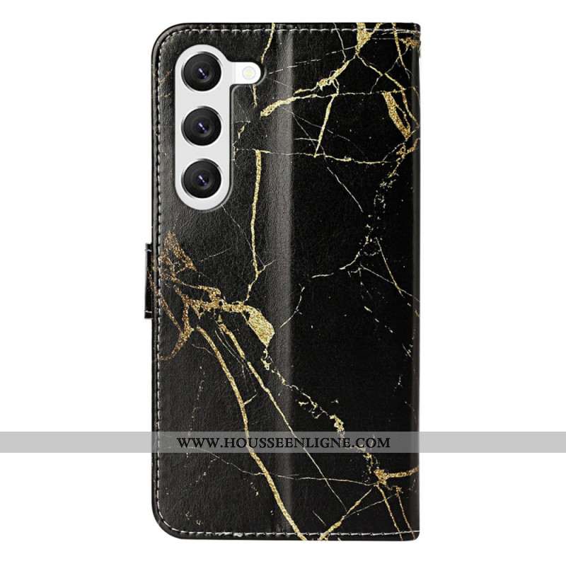 Housse Samsung Galaxy S24 5G Marbre Noir et Doré à Lanière