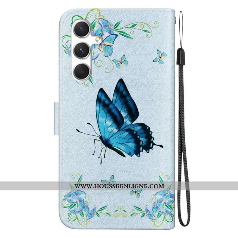 Housse Samsung Galaxy S24 5G Papillon Bleu et Fleurs