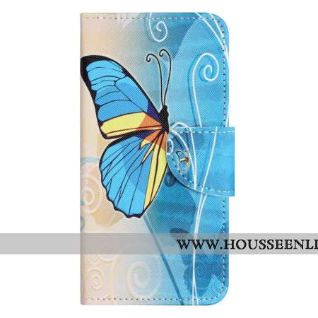 Housse Samsung Galaxy S24 5G Papillon Bleu et Jaune à Lanière