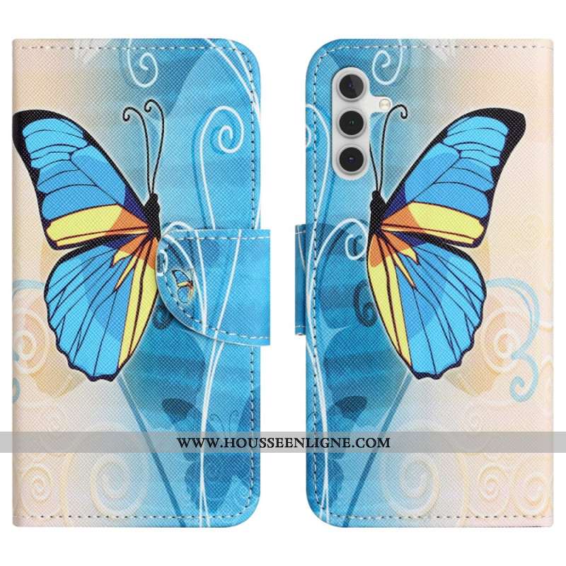 Housse Samsung Galaxy S24 5G Papillon Bleu et Jaune à Lanière