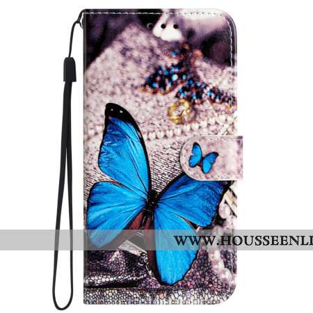 Housse Samsung Galaxy S24 5G Papillon Bleu à Lanière