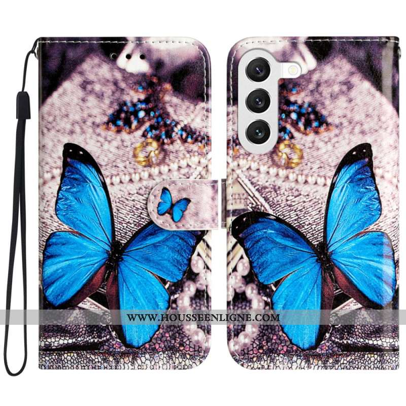 Housse Samsung Galaxy S24 5G Papillon Bleu à Lanière