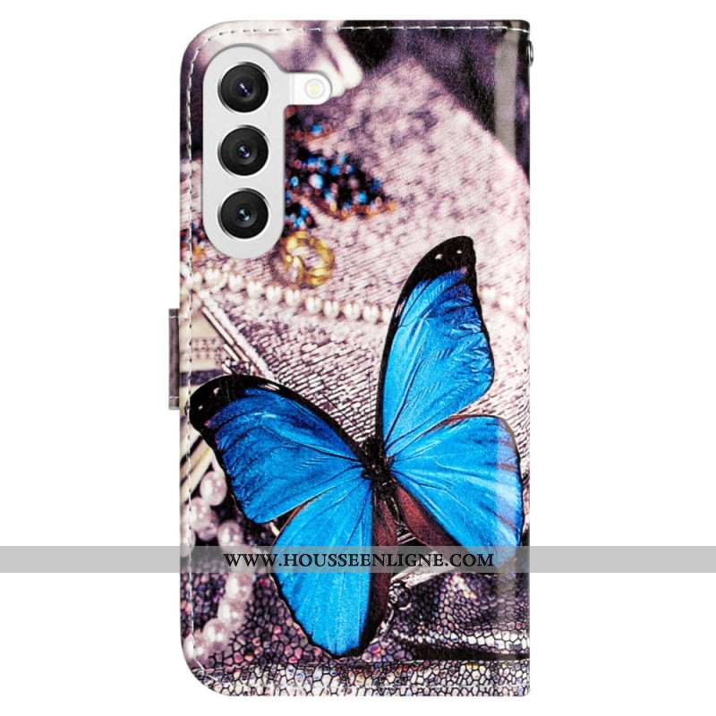 Housse Samsung Galaxy S24 5G Papillon Bleu à Lanière