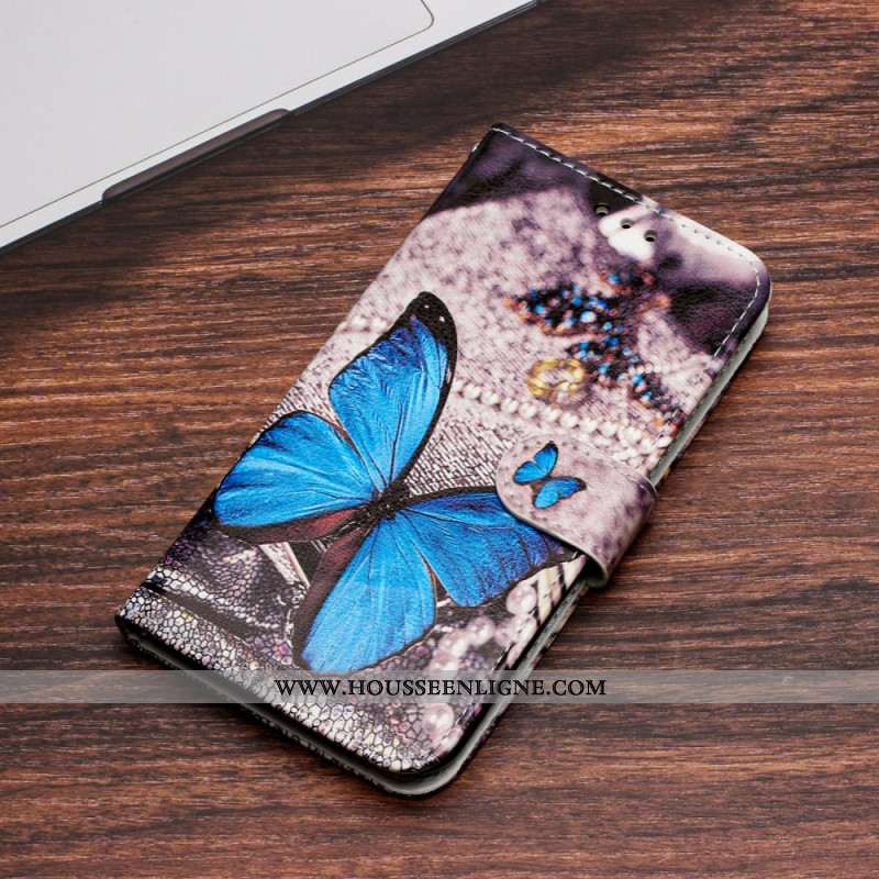 Housse Samsung Galaxy S24 5G Papillon Bleu à Lanière