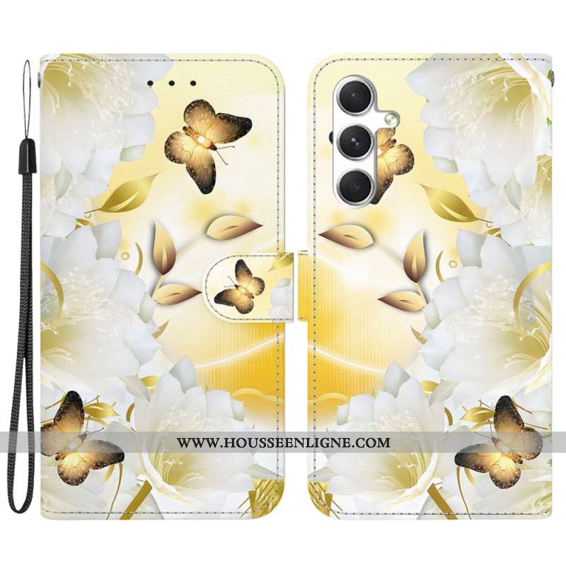 Housse Samsung Galaxy S24 5G Papillon Dorés et Fleurs à Lanière