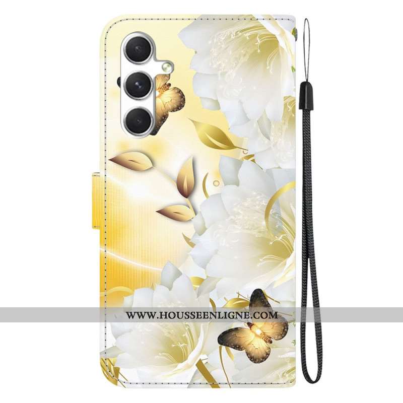 Housse Samsung Galaxy S24 5G Papillon Dorés et Fleurs à Lanière