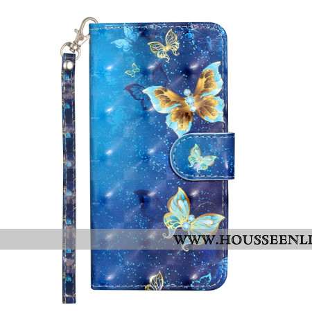 Housse Samsung Galaxy S24 5G Papillons Bleus et Dorés avec Lanière