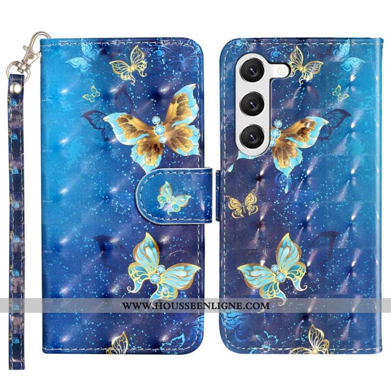 Housse Samsung Galaxy S24 5G Papillons Bleus et Dorés avec Lanière