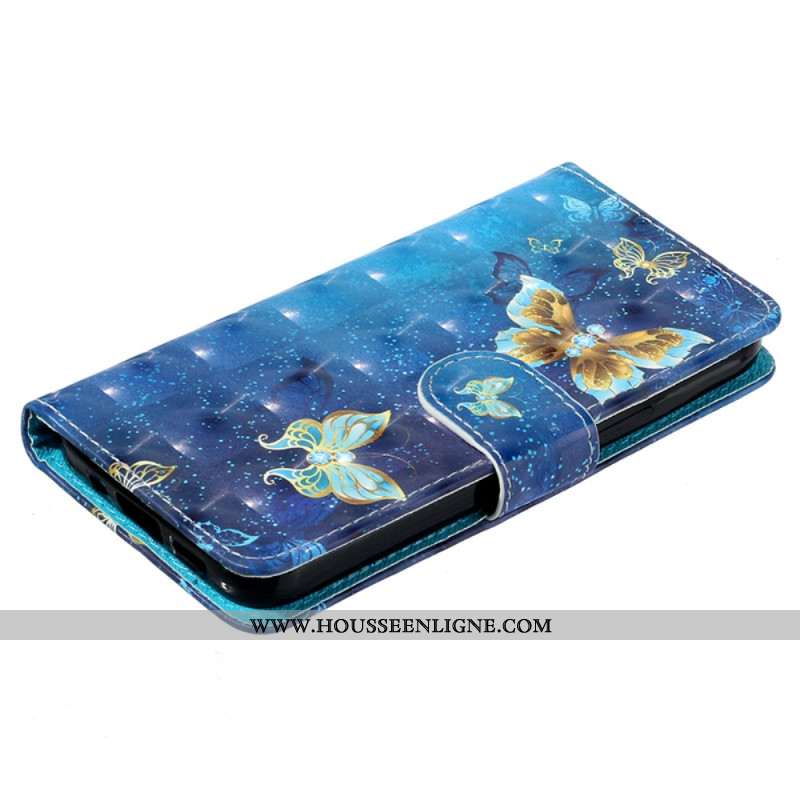 Housse Samsung Galaxy S24 5G Papillons Bleus et Dorés avec Lanière