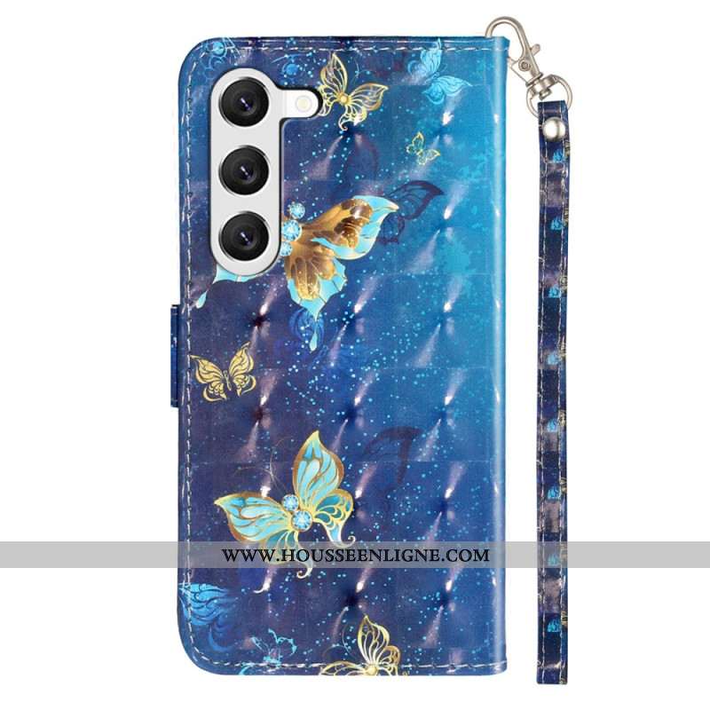 Housse Samsung Galaxy S24 5G Papillons Bleus et Dorés avec Lanière