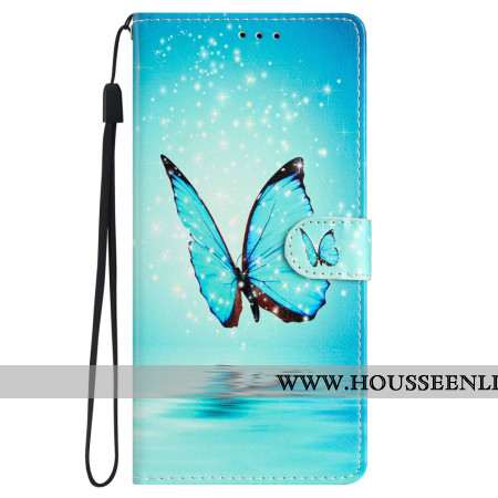 Housse Samsung Galaxy S24 5G Papillons Bleus à Lanière