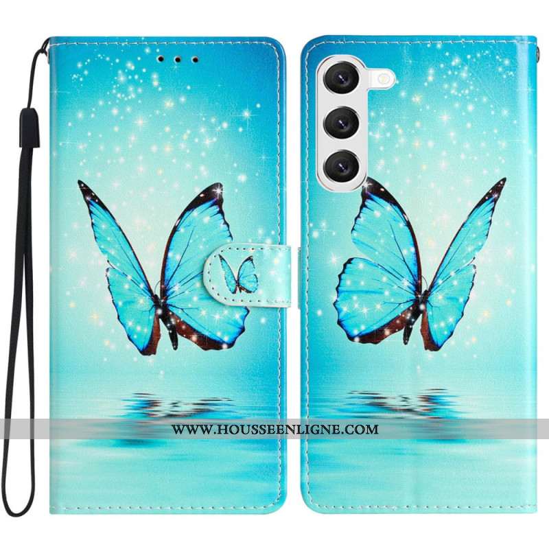 Housse Samsung Galaxy S24 5G Papillons Bleus à Lanière