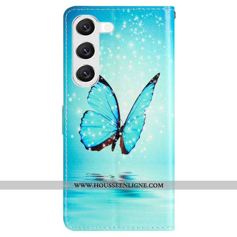 Housse Samsung Galaxy S24 5G Papillons Bleus à Lanière