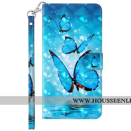 Housse Samsung Galaxy S24 5G Papillons Bleus à Lanière