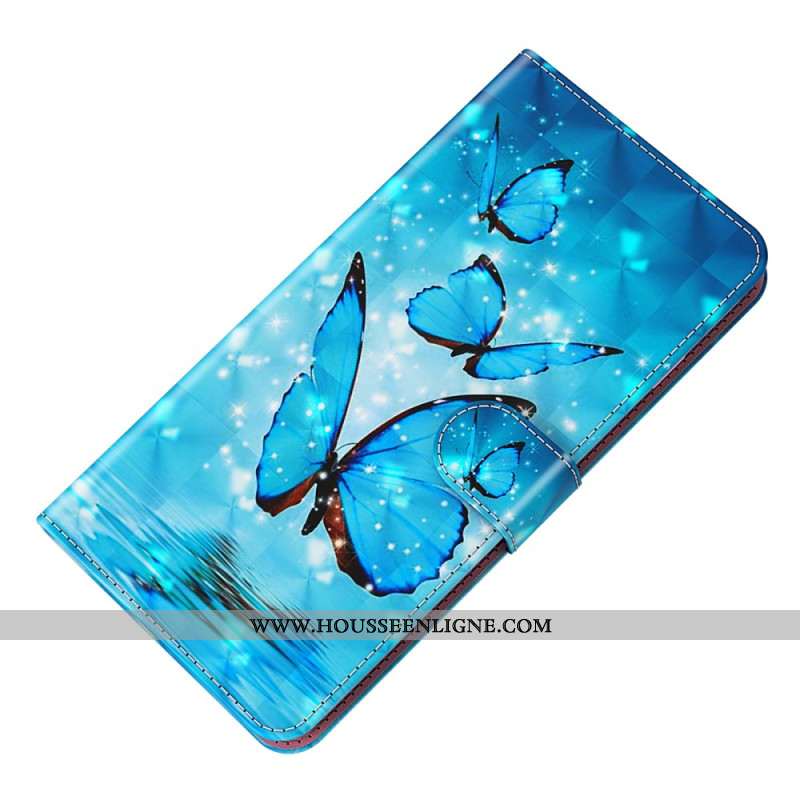 Housse Samsung Galaxy S24 5G Papillons Bleus à Lanière