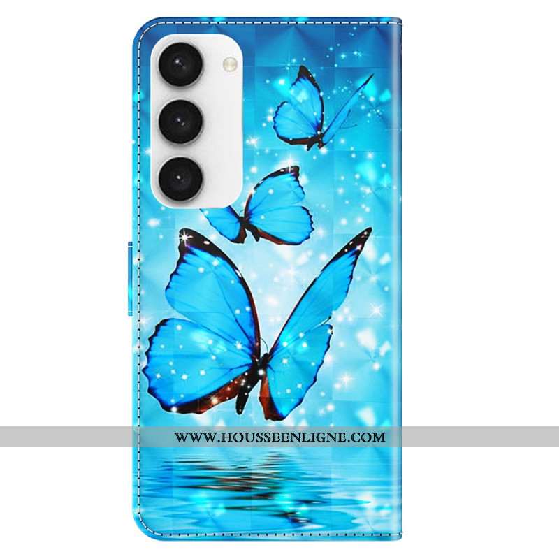 Housse Samsung Galaxy S24 5G Papillons Bleus à Lanière