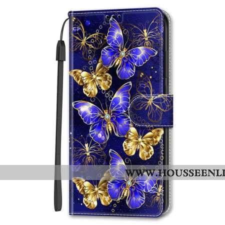 Housse Samsung Galaxy S24 5G Papillons Dorés et Bleus à Lanière