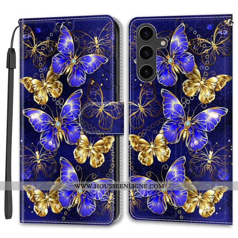 Housse Samsung Galaxy S24 5G Papillons Dorés et Bleus à Lanière