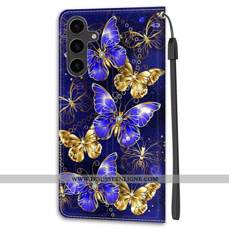 Housse Samsung Galaxy S24 5G Papillons Dorés et Bleus à Lanière