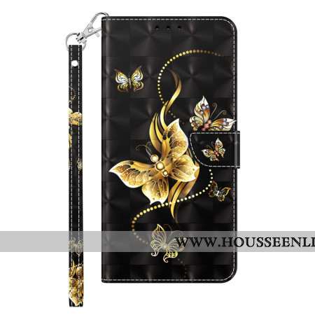 Housse Samsung Galaxy S24 5G Papillons Dorés à Lanière