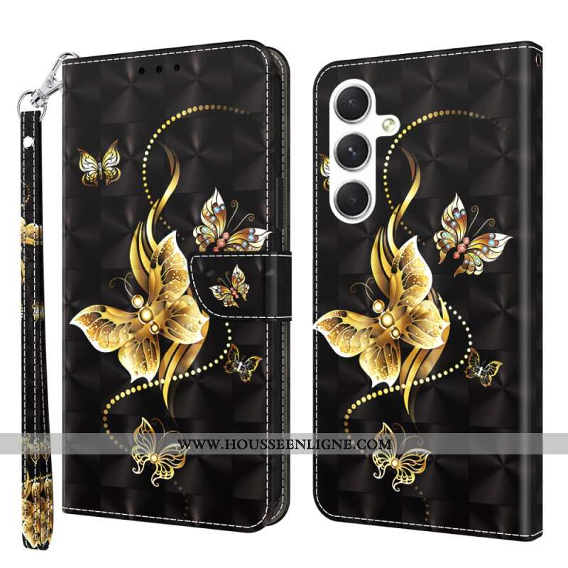 Housse Samsung Galaxy S24 5G Papillons Dorés à Lanière