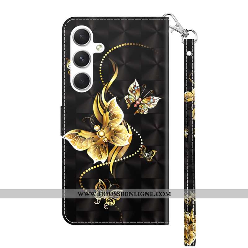 Housse Samsung Galaxy S24 5G Papillons Dorés à Lanière