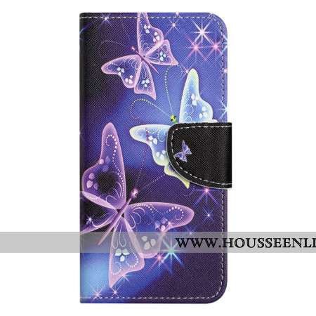 Housse Samsung Galaxy S24 5G Papillons Scintillants à Lanière