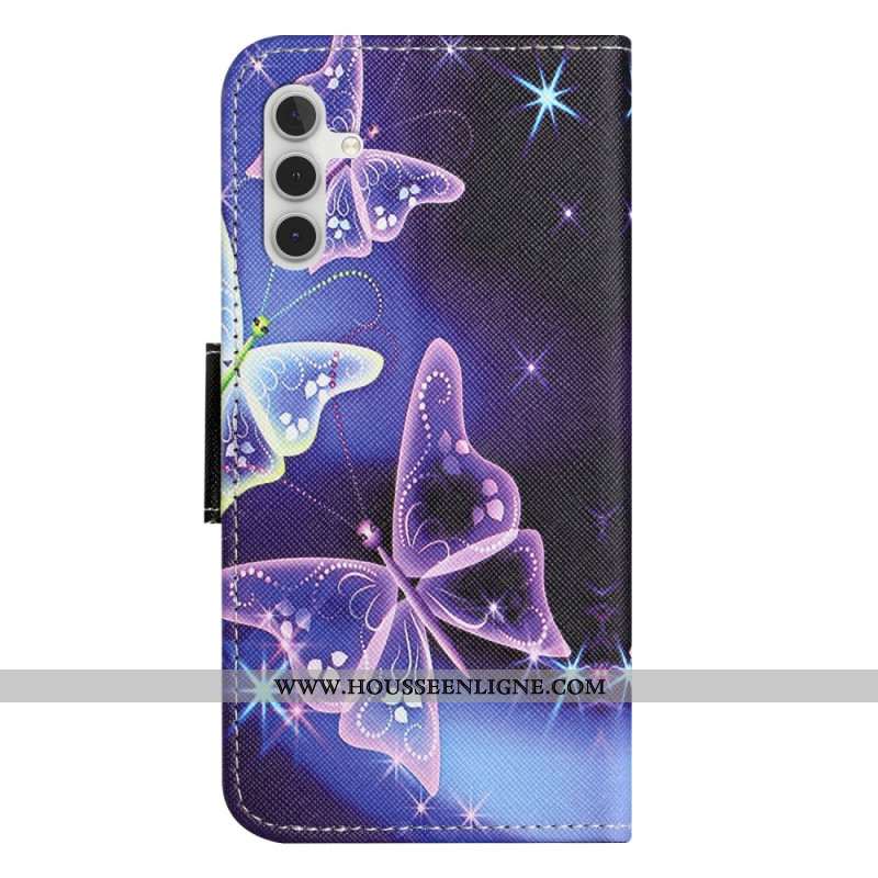 Housse Samsung Galaxy S24 5G Papillons Scintillants à Lanière