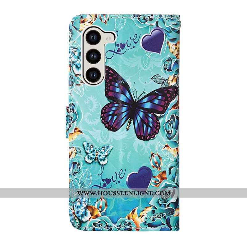 Housse Samsung Galaxy S24 5G Papillons et Cœurs à Lanière