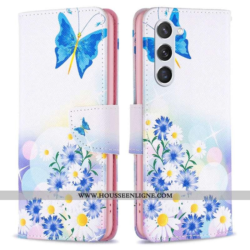 Housse Samsung Galaxy S24 5G Papillons et Fleurs Bleus